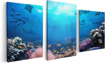 Artaza Canvas Schilderij Drieluik Vissen met Haaien in de Oceaan met Koraalrif - 120x60 - Foto Op Canvas - Canvas Print