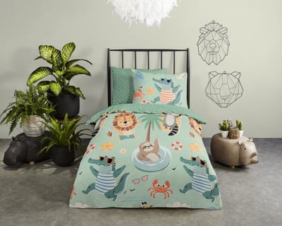 Good Morning dekbedovertrek zomerse dieren - 1 persoons 140x200/220 cm - Groen - 100% Katoen renforc�