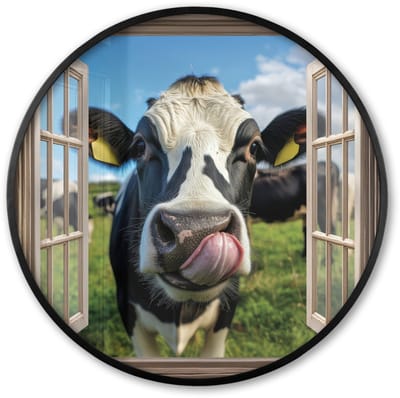 Poster in lijst Rond - Fotolijst 60x60 cm - Posters - Doorkijk - Koe - Weiland - Dieren - Natuur - Ronde posterlijst zwart - Decoratie - Wanddecoratie woonkamer - Muurdecoratie slaapkamer