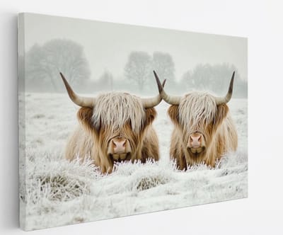 Saammp - Canvas Schilderij - 2 Liggende Schotse Hooglander Koe - Dieren - Landschap - 45x30 - Foto op canvas - Wanddecoratie - muurdecoratie Woonkamer - Slaapkamer decoratie - Canvas Print