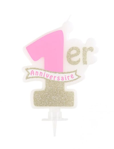 ARTYFETES - Roze en gouden glitterkaars 1e verjaardag 10 x 8 cm