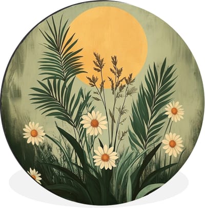 WallCircle - Wandcirkel - Muurcirkel - Bloemen - Bladeren - Zon - Groen - Aluminium - Dibond - 30x30 cm - Binnen en Buiten