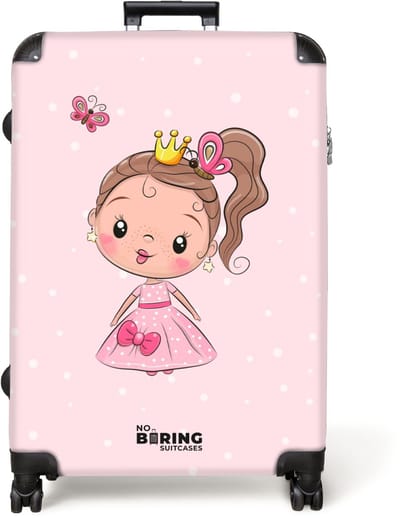 NoBoringSuitcases.com® - Koffer groot - Reiskoffer lichtgewicht - Prinses - Meisjes - Roze - Stippen - Pastel - Vlinder - Rolkoffer met 4 wielen - Grote trolley XL - 98 liter bagage