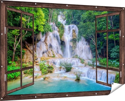 Gards Tuinposter Doorkijk Waterval in het Tropische Natuur - 180x120 cm - Tuindoek - Tuindecoratie - Wanddecoratie buiten - Tuinschilderij