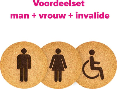 Wc bordjes – Voordeelset van 3 - Man - Vrouw – Gehandicapt - Rond – Kurk – 10 x 10 cm - Toilet bordje – Deurbord – Zelfklevend