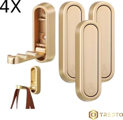 TRESTO - 4 stuks opvouwbare wandhaken - Opvouwbare haken - muurbevestiging van zinklegering - zwaar belastbare wandhaak - Badkamer haken - Keuken haken- Kapstok - Goud
