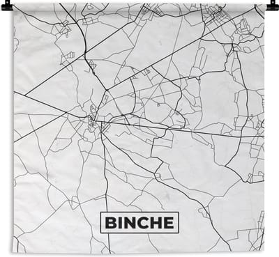 Wandkleed - Wanddoek - Zwart Wit – België – Plattegrond – Stadskaart – Kaart – Binche - 180x180 cm - Wandtapijt