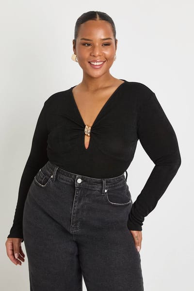 boohoo Dames Plus bodysuit met gouden afwerking en sleutelgat | Zwart | Maat: 52
