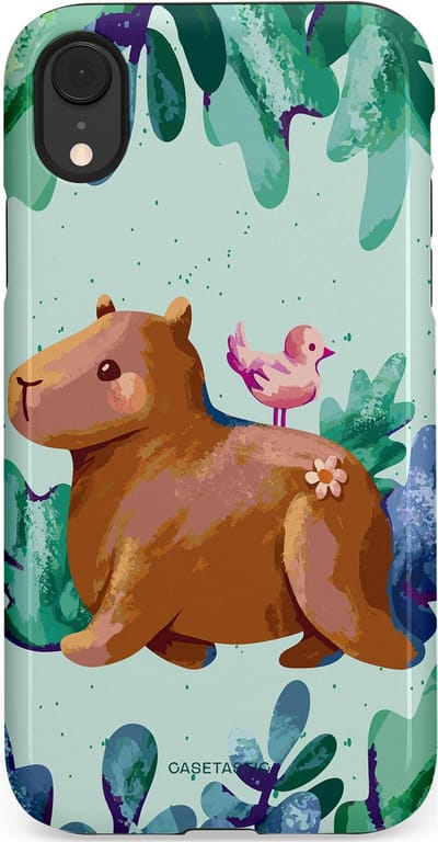 Casetastic Hoesje Geschikt voor Apple iPhone Xr - Stijlvolle Beschermende Duo-layer Case - Capibara Vogeltjes Vriend