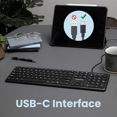 Perixx Periboard USB-C Bedraad toetsenbord met stille toetsen – X Type Scissor toetsen – iPad, chromebook, tablets desktop etc – QWERTY/US – Full size