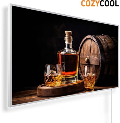 Infraroodpaneel met afbeelding | Whiskey en oud houten vat | 1200 Watt | Witte lijst | Infrarood verwarmingspaneel | Infrarood paneel | Infrarood verwarming
