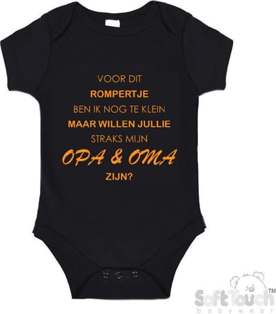 100% katoenen Romper "Voor dit rompertje ben ik nog te klein maar willen jullie straks mijn opa & oma zijn" Unisex Katoen Zwart/mosterd Maat 62/68