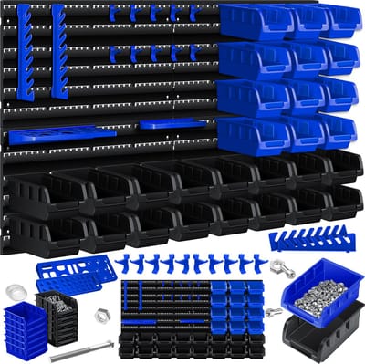MASKO® Gereedschapswand 45-delig met 28x Sorteerdoos Gereedschapshouder inclusief haken - Opbergsysteem voor Gereedschap Organizer Ophangsysteem voor kleine onderdelen Tool Board Opbergdoos Assortimentsdoos - Blauw