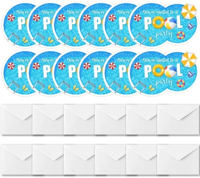 Dailygoods- Verjaardagsuitnodigingen 12 Stuks - Zwembadfeest - Gecoat Papier - Met Enveloppen - Voorgedrukte Tekst - Kleurrijk Design - Feestuitnodigingen