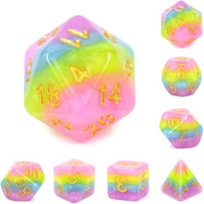 Polyset Dice | Dobbelstenen - Set Van 7 Stuks - Roze Geel Blauw Paars Marmer Parelmoer Goud | Voor D&D en Andere Rollenspellen | Plastic Dobbelstenen Set voor Dungeons and Dragons | Polyhedral Dice Set | Mooie Zwarte Velvet Dice Bag voor 3 Sets