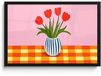 Poster in lijst - Fotolijst 60x40 cm - Posters - Tulpen - Roze - Vaas - Posterlijst zwart - Decoratie - Wanddecoratie woonkamer - Muurdecoratie slaapkamer