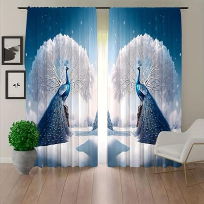 2 stuks Retro Pauw Gordijnen Semi Verduisterende Decor Gordijnen Tunnelgordijn Voor Deur Woonkamer Slaapkamer Kantoor Keuken Thuis 2x50W130H(CM)&hook