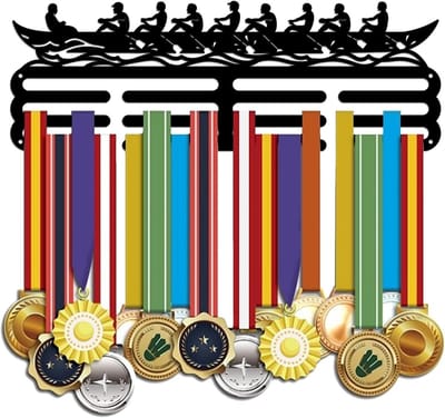 Allecto - Roeimedaillehouder - Wandkapstok - Zwart ijzer - Wedstrijdmedailles - Wandophanging - Cadeau - Sporters - 3 rijen - 12 haken - 40 x 15 cm