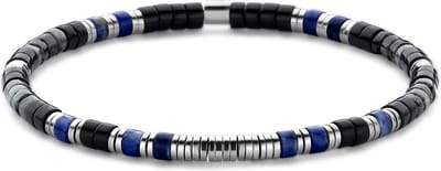 Frank 1967 - FB-0759 - platte kralenarmband heren - zwarte agaat, labradoriet en staal - 4*2 mm