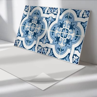 Wallfluent Vinyl Wandpaneel - Tegelpatroon met ornamenten Zelfklevend Wandpaneel - 100 cm x 50 cm - Blauw PVC wandpaneel - Set van 1 - Rechthoekig Wandbekleding Vinyl - Texturen Wandpaneel - PVC Muurpaneel - Wandpaneel Keuken en Badkamer