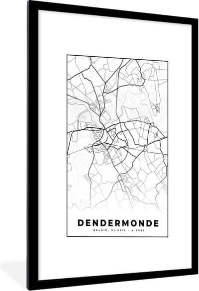 Fotolijst incl. Poster Zwart Wit- Stadskaart – Zwart Wit - Kaart – Dendermonde – België – Plattegrond - 60x90 cm - Posterlijst