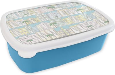 Broodtrommel Blauw - Lunchbox - Brooddoos - Miami - Skyline - Patroon - USA - 18x12x6 cm - Kinderen - Jongen