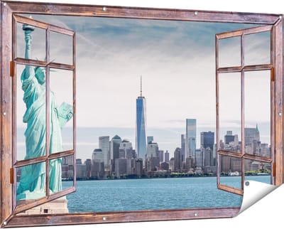 Gards Tuinposter Doorkijk Vrijheidsbeeld in New York - 150x100 cm - Tuindoek - Tuindecoratie - Wanddecoratie buiten - Tuinschilderij