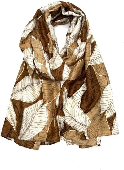 Lange dames sjaal Jannet bladmotief beige goud bruin zwart wit grijs donkerbruin