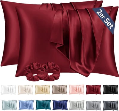 Famanu - Satijnen kussenslopen 40x60 cm wijn set 2, zijdeachtig zacht voor haar en huid, envelopsluiting met 2 haarbandjes