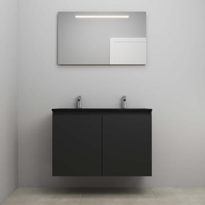 On-Line Badkamermeubelset - 100 cm - Bouwpakket - Greeploze Ladestructuur - Acryl Wastafel - 2 Kraangaten - Spiegel met LED-Verlichting - Mat Zwart