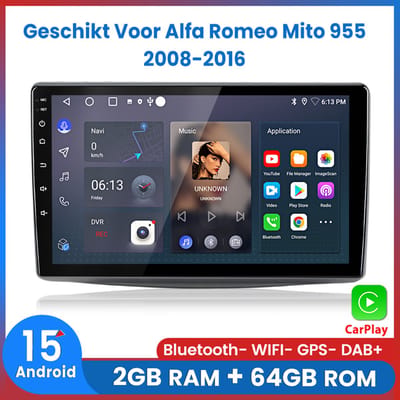 Awesafe Autoradio - Android 15.0 Systeem - Geschikt Voor Alfa Romeo Mito 955 2008 t/m 2016 - Met navigatie GPS - 2GB+64GB - Bluetooth WIFI - Draadloos Apple Carplay & Android auto - Radio scherm - 2008 2009 2010 2011 2012 2013 2014 2015 2016