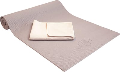 Grippakket: yogamat taupe en handdoek sand