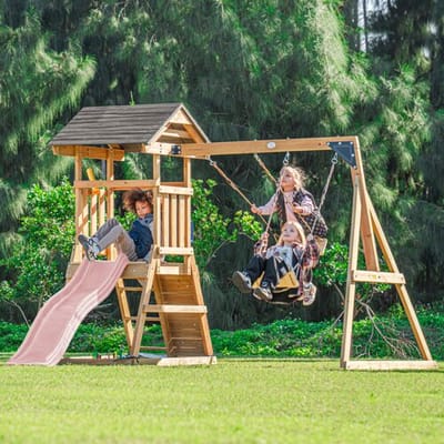 AXI Mia Speeltoestel met Dubbele Schommel Bruin – Pastel Roze Glijbaan – Zandbak en Klimwand – Telescoop - FSC hout - Speelhuis op palen voor de tuin