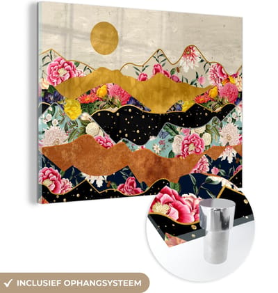 MuchoWow® Glasschilderij 40x30 cm - Schilderij acrylglas - Goud - Bloemen - Print - Abstract - Landschap - Patronen - Foto op glas - Muurdecoratie woonkamer - Wanddecoratie slaapkamer - Schilderijen