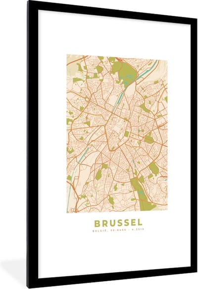 Fotolijst incl. Poster - Brussel - Stadskaart - Plattegrond - Kaart - Vintage - 80x120 cm - Posterlijst