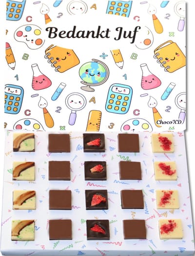 Bedankt Juf chocoladecadeau - Thank you gift - Fairtrade chocolade - Brievenbuspakket - Handgemaakte kado - Duurzaam cadeauverpakken