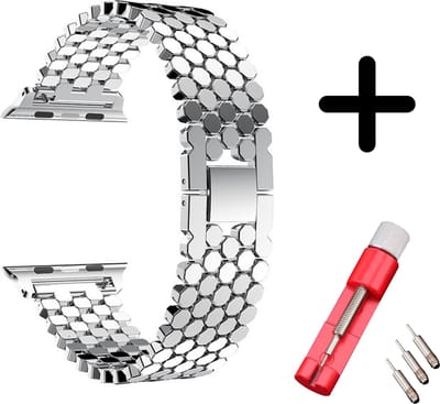 Strap-it Stalen band hexagons - Geschikt voor Apple Watch bandje - Series 1/2/3/4/5/6/7/8/9/10/11/SE/SE2/SE3 - Zilver - Unieke RVS band met hexagon schakels - Voor maat: 38 / 40 / 41 / 42mm - Met inkorter toolkit