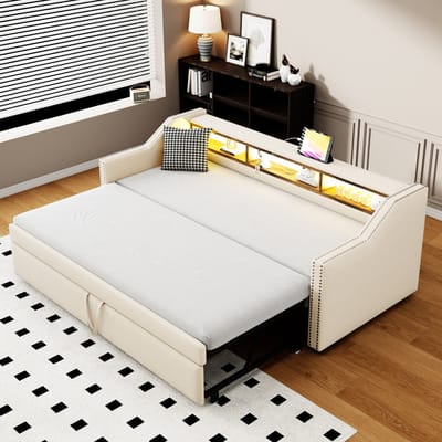 MODFU Bedframe 90x190 / 180x190 cm – beige burlap – uitschuifbaar met LED, USB en zijvakken