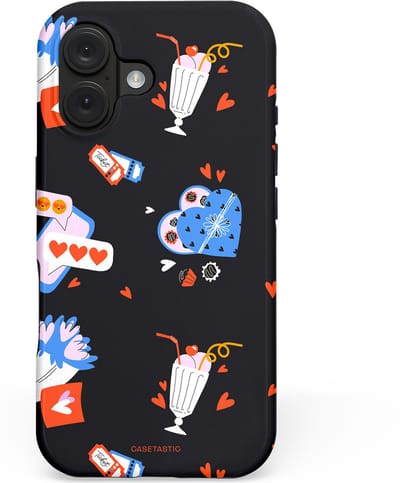 Casetastic hoesje geschikt voor Apple iPhone 16 - MagSafe - Dubbellaagse bescherming - Liefdes Kaarten - Fashion Case - Zwart Lavendel Wit