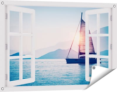 Gards Tuinposter Doorkijk Zeilboot bij Zonsondergang - 90x60 cm - Tuindoek - Tuindecoratie - Wanddecoratie buiten - Tuinschilderij