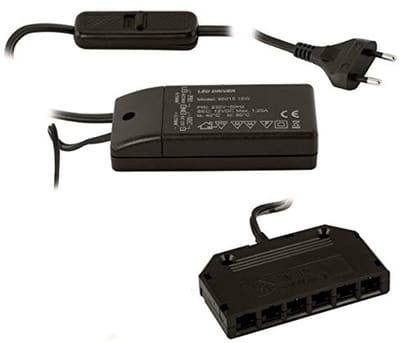Transformator 12V/15W met Schuifschakelaar en 6-voudige Verdelerset