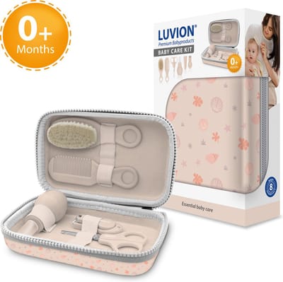 LUVION® Baby Verzorgingsset Roze - uitgebreide 8 delige geschenkset met baby verzorgingsproducten - Manicureset en nagelset met nagelknipper, nagelvijl en nagelschaartje - Borstel en kam voor de haarverzorging - Neuszuiger - Kraamcadeau Meisje
