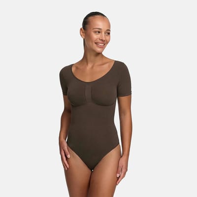 cfab - T-shirt bodysuit met corrigerende werking en koord - Bruin - XS - Corrigerende Body - Naadlos - corrigerend ondergoed dames