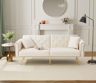Moderne 2-zits slaapbank – met fluwelen bekleding, 3-standen verstelbare rugleuning & vergulde metalen poten. Stijlvolle sofa met slaapfunctie – ruimtebesparend, draagkrachtig, ideaal voor kleine ruimtes.- Beige