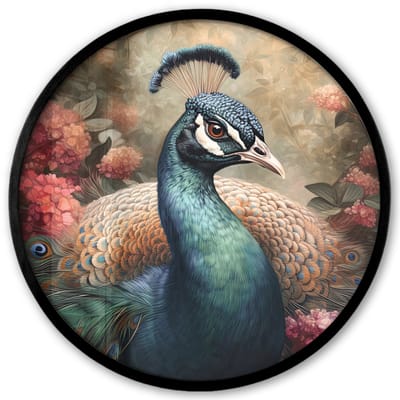 Poster in lijst Rond - Fotolijst 40x40 cm - Posters - Pauw - Vogel - Bloemen - Planten - Pauwenveren - Ronde posterlijst zwart - Decoratie - Wanddecoratie woonkamer - Muurdecoratie slaapkamer
