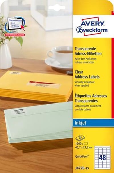 Inkjetetiket Avery 45 - 7x21 - 2 - transp. doos 25 vel - 48 et. pe