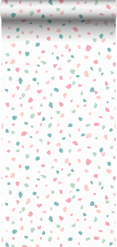 ESTAhome behang terrazzo wit, roze en groen - 53 cm x 10.05 m - 139304