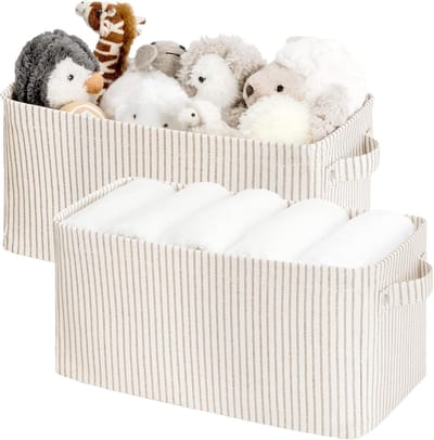 Smalle opbergdozen, 38 x 20 x 18.5 cm kleine mand voor in de kast en op planken, rechthoekige stoffen organizer met handvatten, opslag voor wc-papier, beige strepen, set van 2 stuks