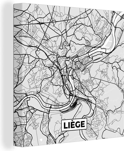 Canvas Schilderij Stadskaart – Plattegrond – België – Zwart Wit – Liège – Kaart - 20x20 cm - Wanddecoratie