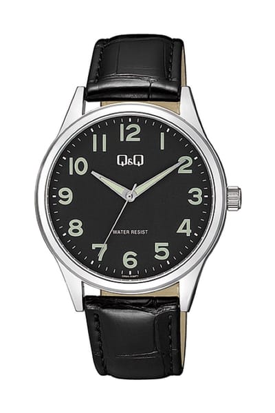 Q&Q Q59A-006PY - Horloge - Analoog - Mannen - Heren - Leren band - Rond - Metaal - Cijfers - Zwart - Zilverkleurig - Crème - 3ATM